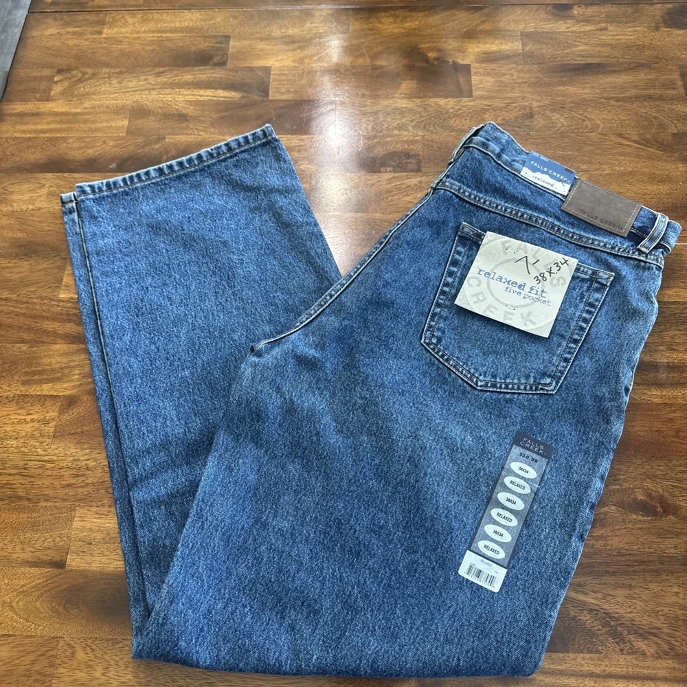 Falls Creek Stretch Men's Blue Jeans Relaxed Straight Med Wash Cotton 38x34